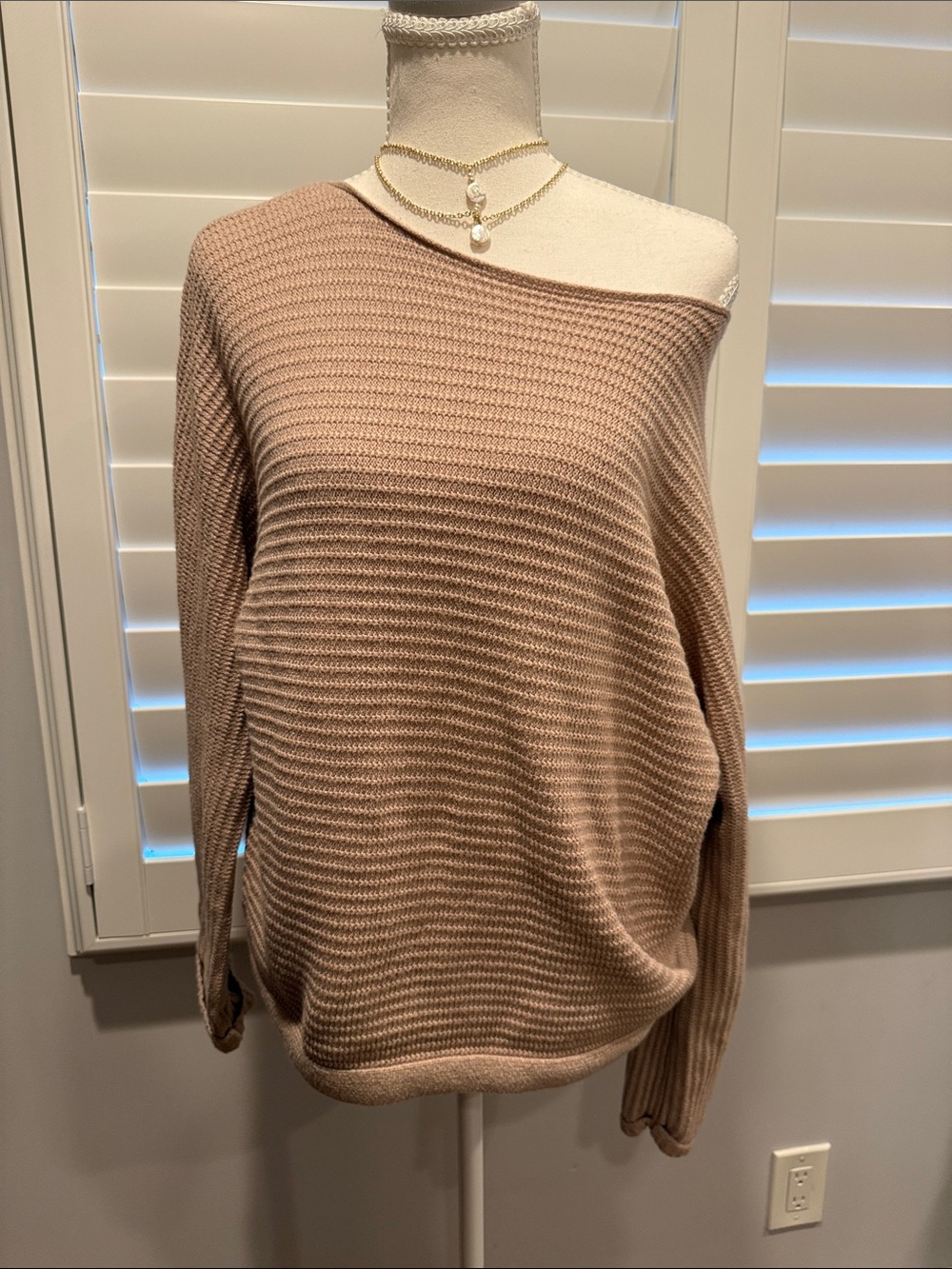 Tahari Blush-Taupe Off-the-Shoulder Knit Sweater